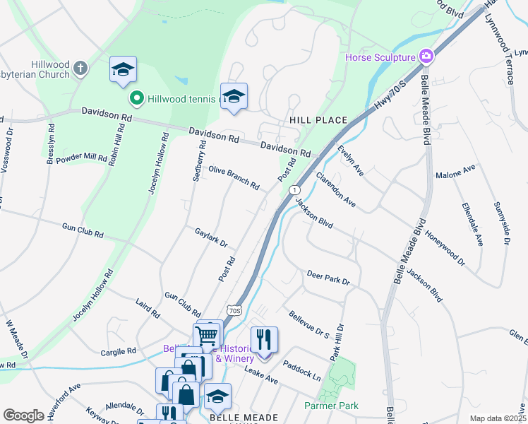 map of restaurants, bars, coffee shops, grocery stores, and more near 5919 Post Road in Nashville