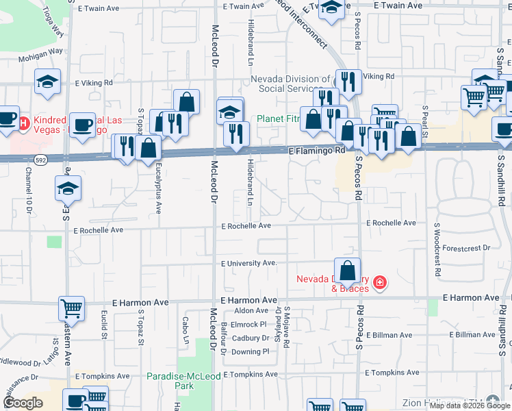 map of restaurants, bars, coffee shops, grocery stores, and more near 2048 Hildebrand Lane in Las Vegas