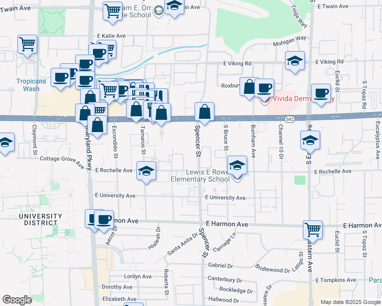 map of restaurants, bars, coffee shops, grocery stores, and more near 4225 Spencer Street in Las Vegas