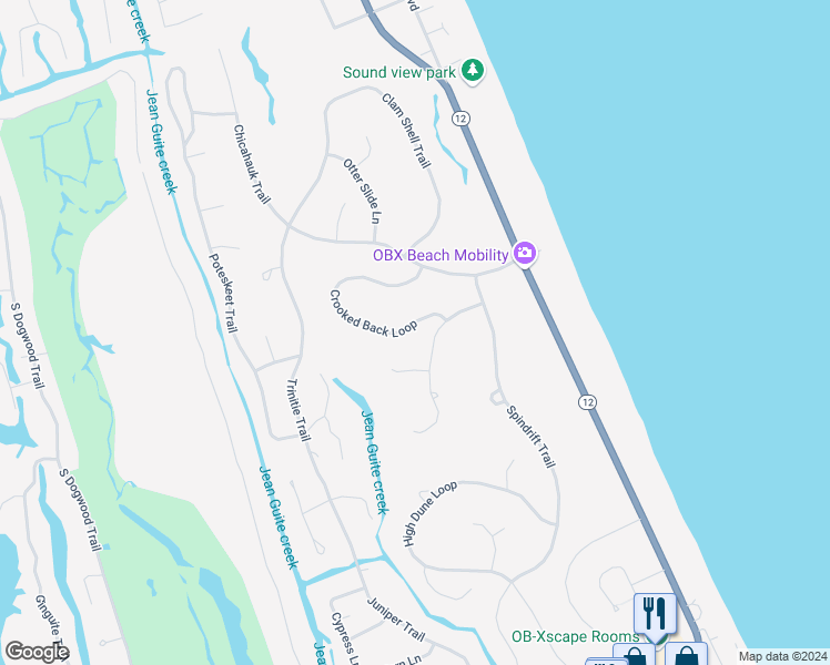 map of restaurants, bars, coffee shops, grocery stores, and more near 151-153 Crooked Back Loop in Southern Shores