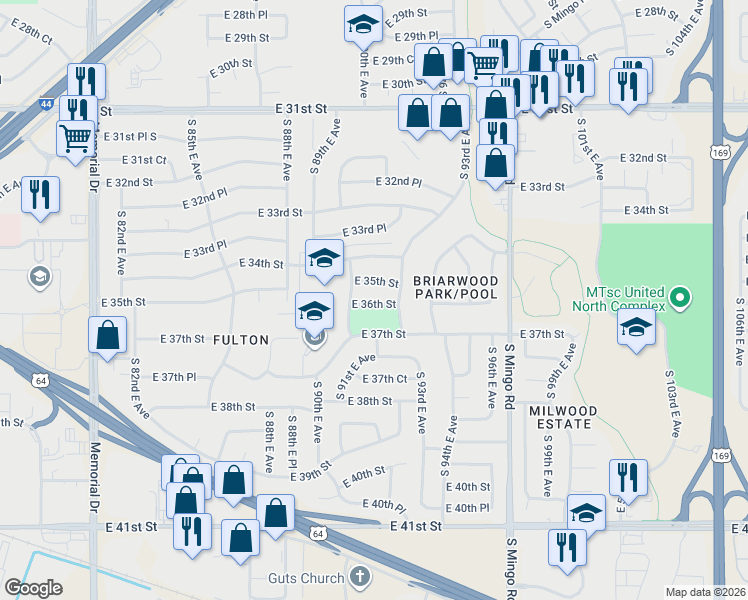 map of restaurants, bars, coffee shops, grocery stores, and more near 9033 East 36th Street in Tulsa