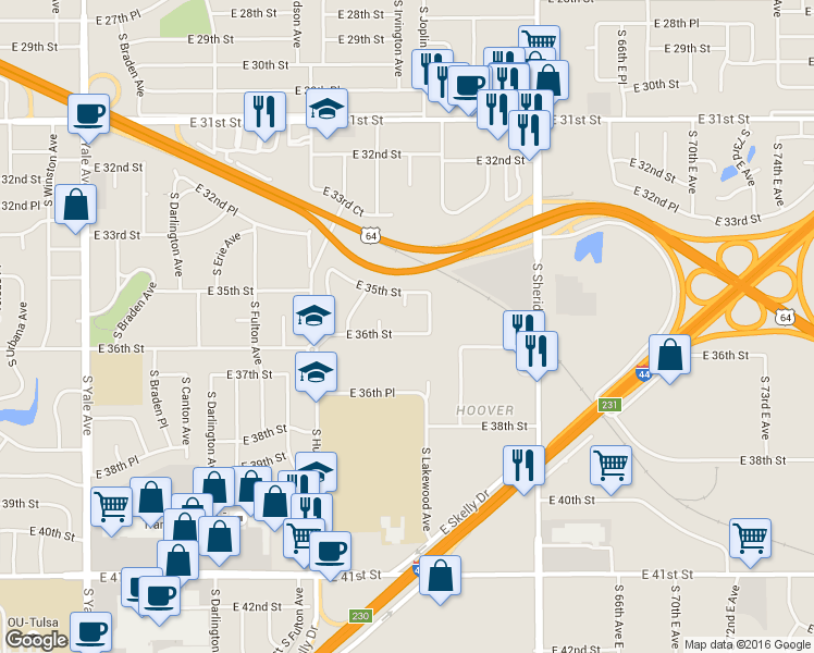 map of restaurants, bars, coffee shops, grocery stores, and more near 3516 South Joplin Court in Tulsa