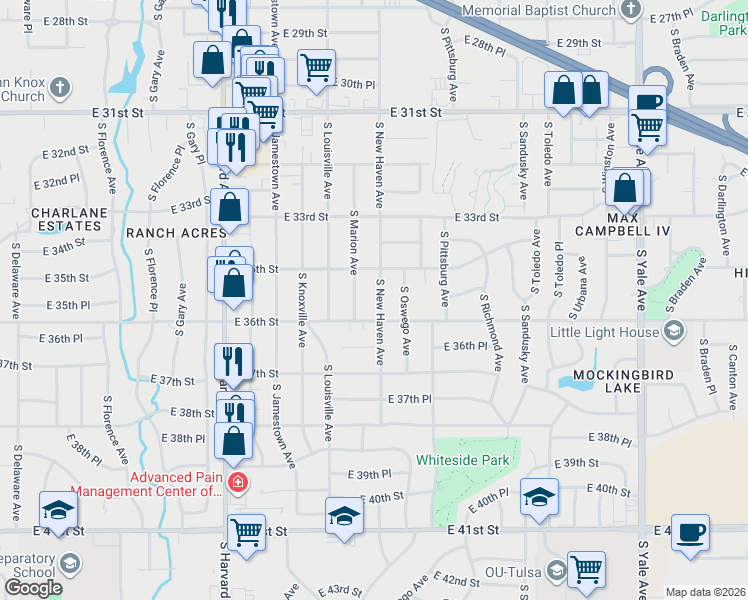 map of restaurants, bars, coffee shops, grocery stores, and more near 3524 South New Haven Avenue in Tulsa