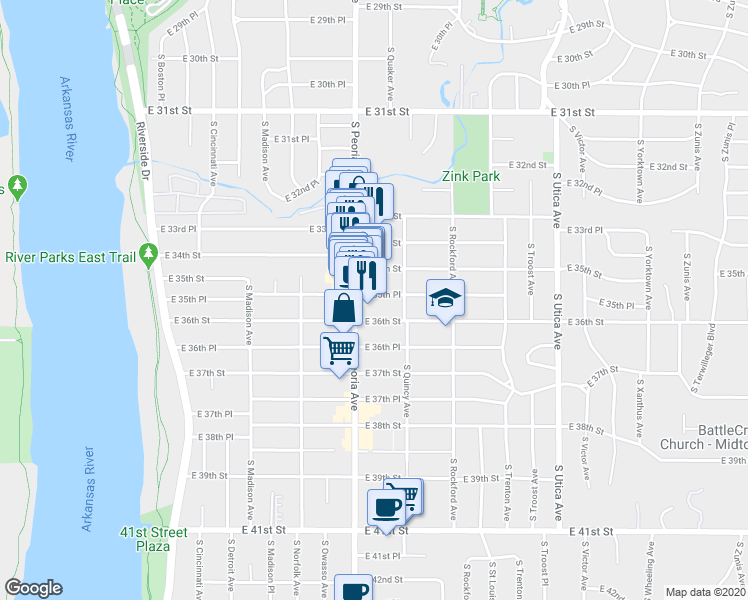 map of restaurants, bars, coffee shops, grocery stores, and more near 1326 East 35th Place in Tulsa