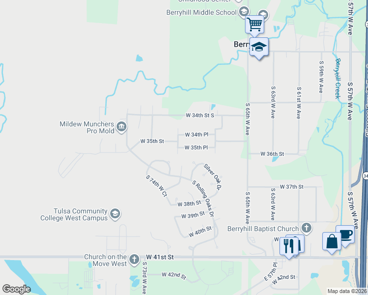 map of restaurants, bars, coffee shops, grocery stores, and more near 6861 West 35th Place in Tulsa