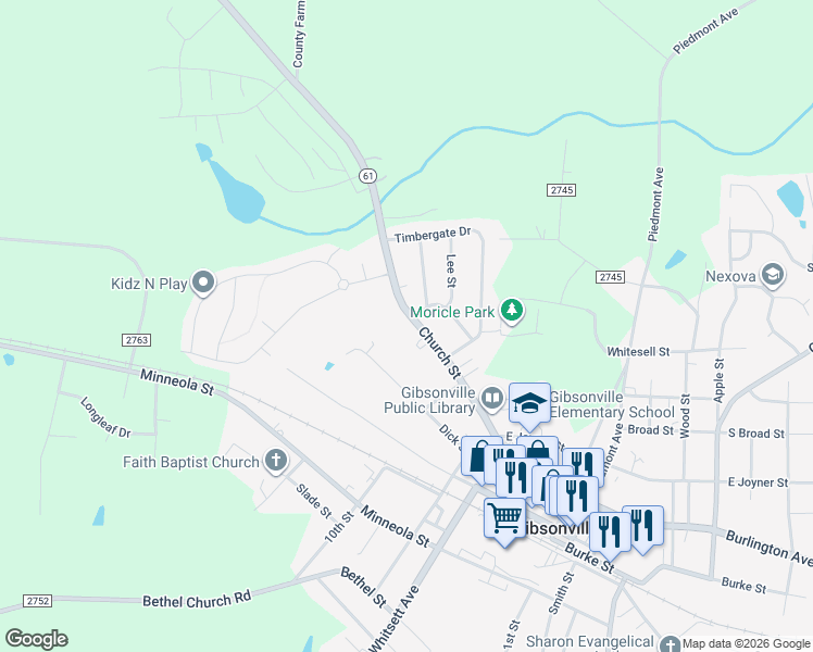 map of restaurants, bars, coffee shops, grocery stores, and more near 717 Church Street in Gibsonville