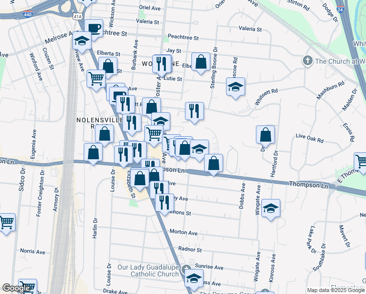 map of restaurants, bars, coffee shops, grocery stores, and more near 2845 Logan Street in Nashville