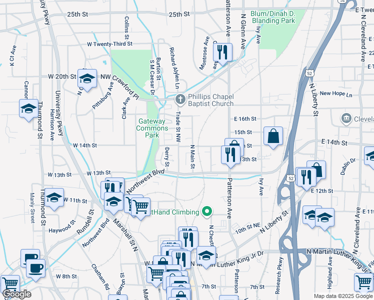 map of restaurants, bars, coffee shops, grocery stores, and more near 105 Jazer Lane in Winston-Salem
