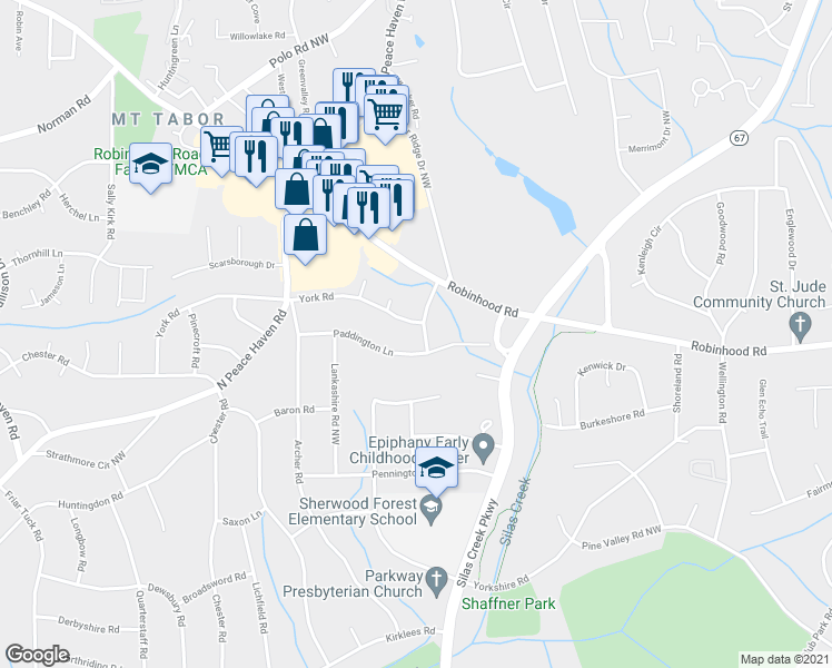 map of restaurants, bars, coffee shops, grocery stores, and more near 810 Clovelly Road Northwest in Winston-Salem