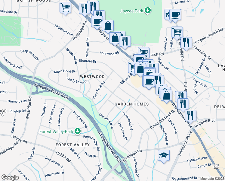 map of restaurants, bars, coffee shops, grocery stores, and more near 306 Edney Ridge Road in Greensboro