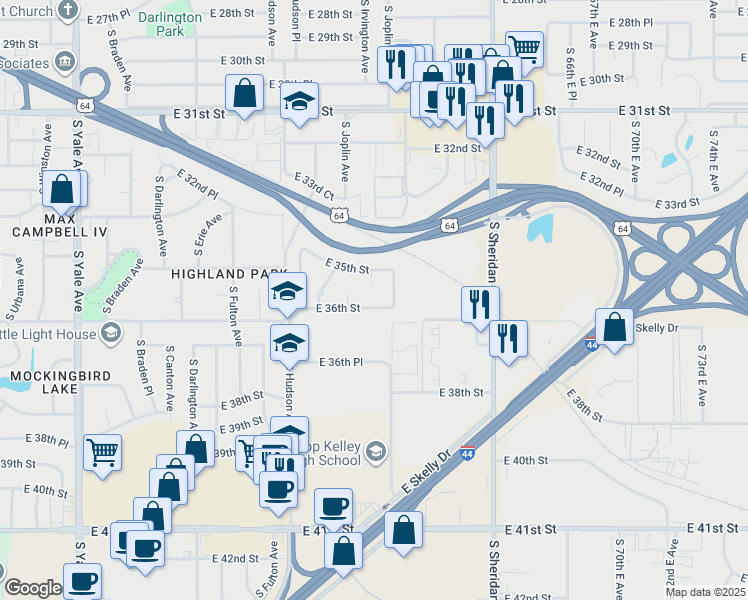 map of restaurants, bars, coffee shops, grocery stores, and more near 3516 South Joplin Court in Tulsa