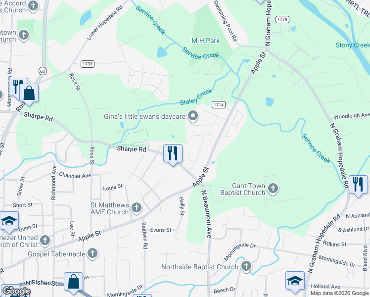 map of restaurants, bars, coffee shops, grocery stores, and more near 1438 Lanier Court in Burlington