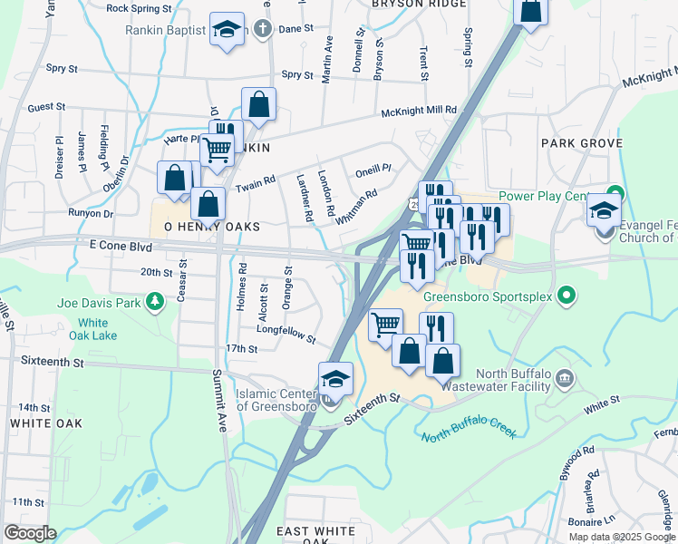 map of restaurants, bars, coffee shops, grocery stores, and more near 2831 North Ohenry Boulevard in Greensboro