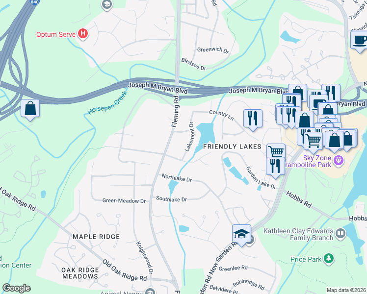 map of restaurants, bars, coffee shops, grocery stores, and more near 1705 Lakemont Drive in Greensboro