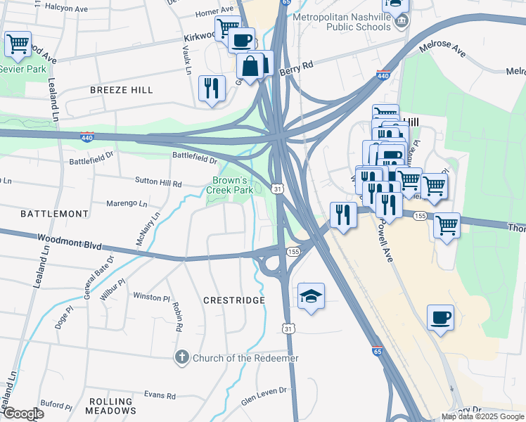 map of restaurants, bars, coffee shops, grocery stores, and more near 3402 Pleasant Valley Road in Nashville