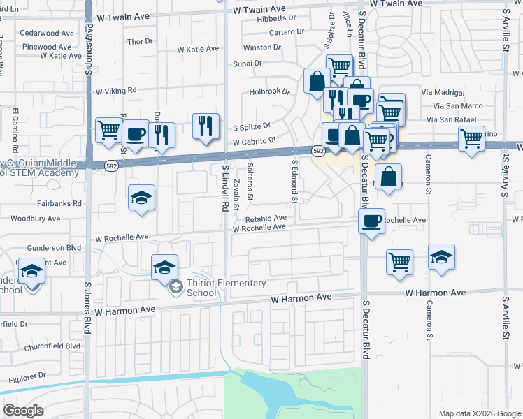 map of restaurants, bars, coffee shops, grocery stores, and more near 5357 Del Gado Drive in Las Vegas