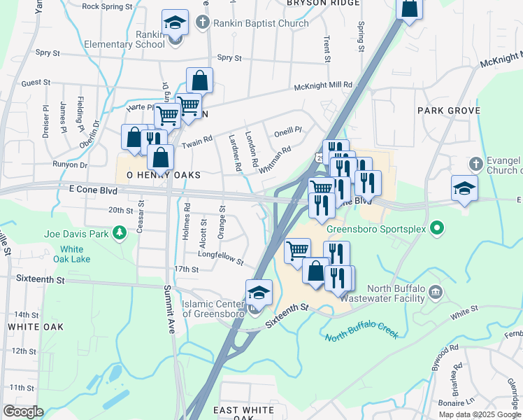 map of restaurants, bars, coffee shops, grocery stores, and more near 2829 North O.Henry Boulevard in Greensboro