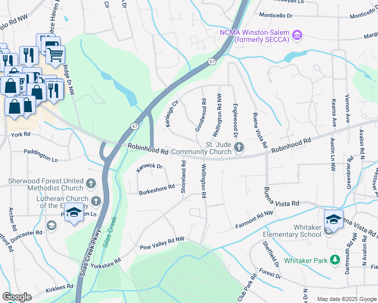 map of restaurants, bars, coffee shops, grocery stores, and more near 2925 Robinhood Road in Winston-Salem