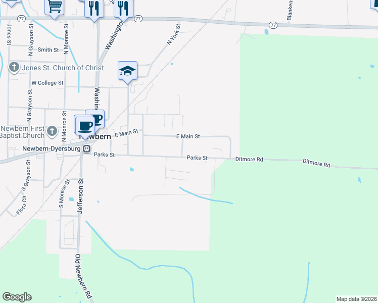 map of restaurants, bars, coffee shops, grocery stores, and more near 610 Parks Street in Newbern
