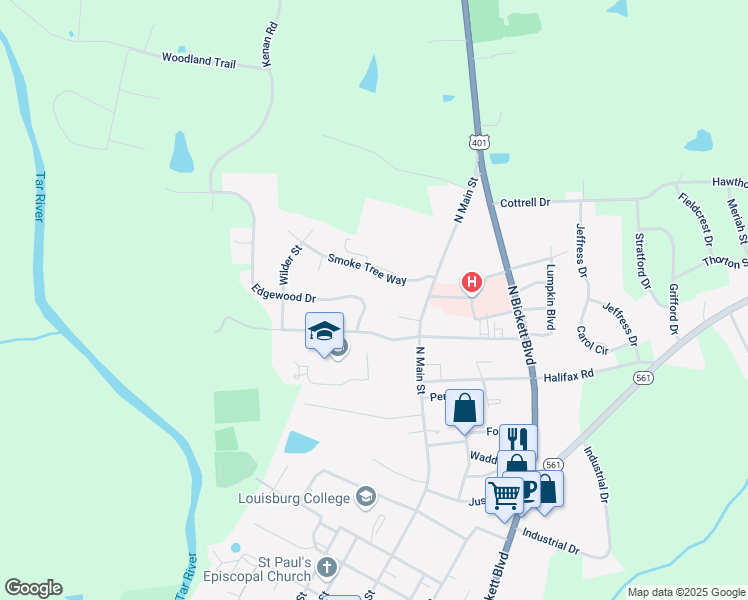 map of restaurants, bars, coffee shops, grocery stores, and more near 108 Edgewood Drive in Louisburg