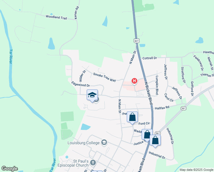 map of restaurants, bars, coffee shops, grocery stores, and more near 108 Edgewood Drive in Louisburg