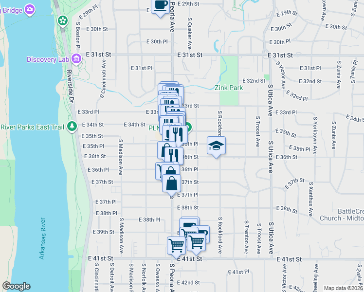 map of restaurants, bars, coffee shops, grocery stores, and more near 1326 East 35th Place in Tulsa