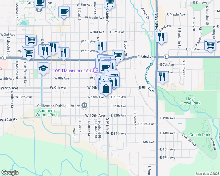 map of restaurants, bars, coffee shops, grocery stores, and more near 107 East 9th Avenue in Stillwater