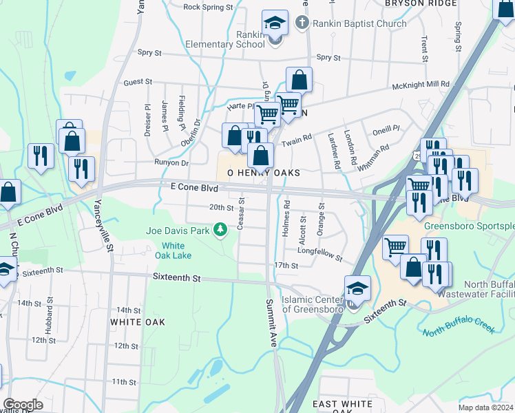 map of restaurants, bars, coffee shops, grocery stores, and more near 1507 20th Street in Greensboro