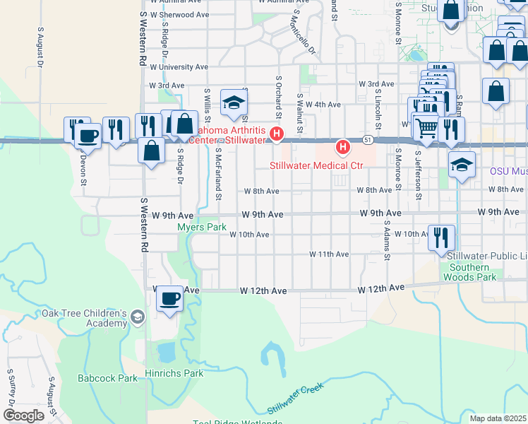 map of restaurants, bars, coffee shops, grocery stores, and more near 1716 West 9th Avenue in Stillwater