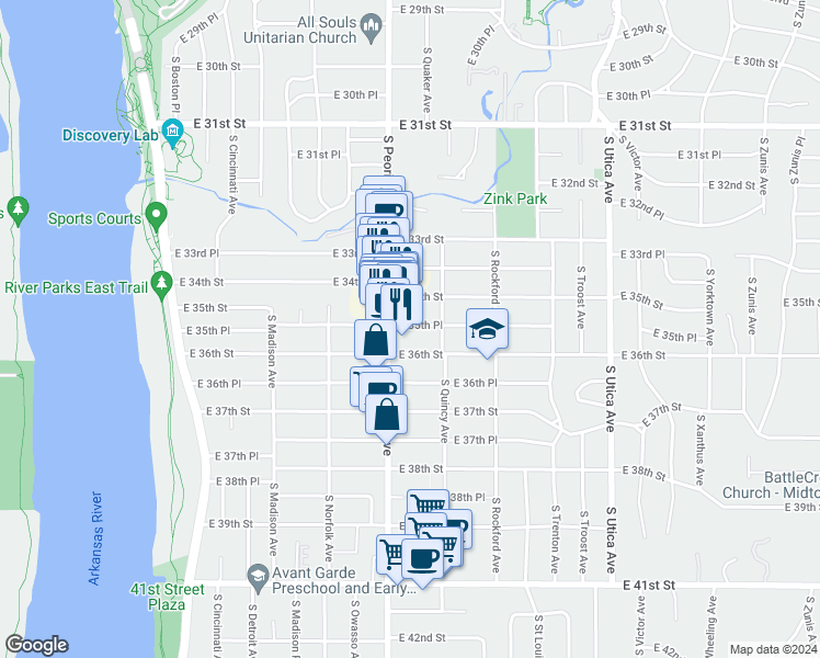 map of restaurants, bars, coffee shops, grocery stores, and more near 1314 East 35th Place in Tulsa