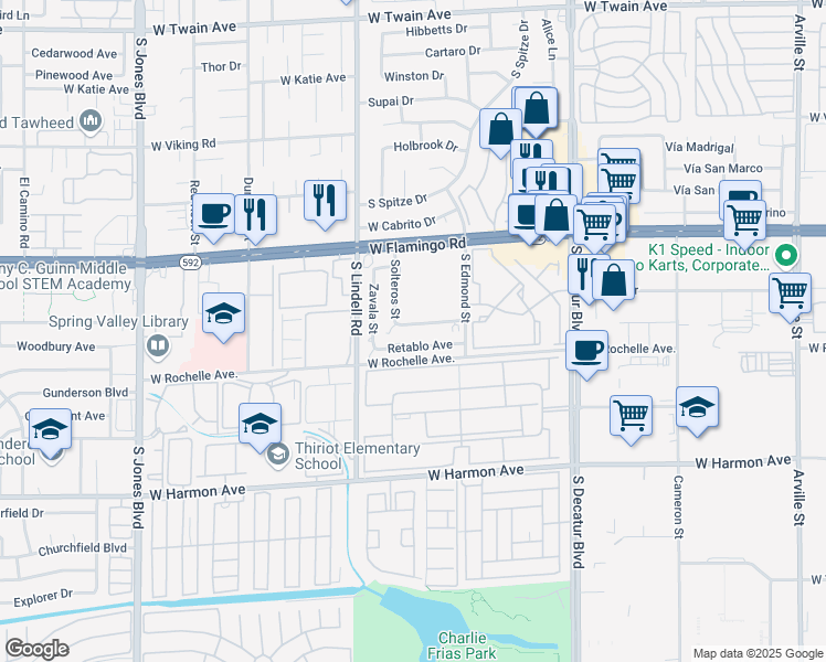 map of restaurants, bars, coffee shops, grocery stores, and more near 5357 Del Gado Drive in Las Vegas