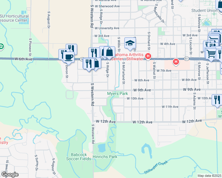 map of restaurants, bars, coffee shops, grocery stores, and more near 2116 West 9th Avenue in Stillwater