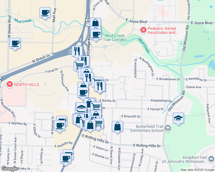 map of restaurants, bars, coffee shops, grocery stores, and more near 117 North Nolan Avenue in Fayetteville