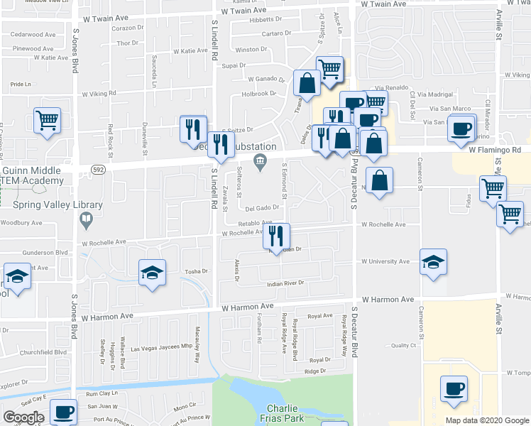 map of restaurants, bars, coffee shops, grocery stores, and more near 5285 Del Gado Drive in Las Vegas