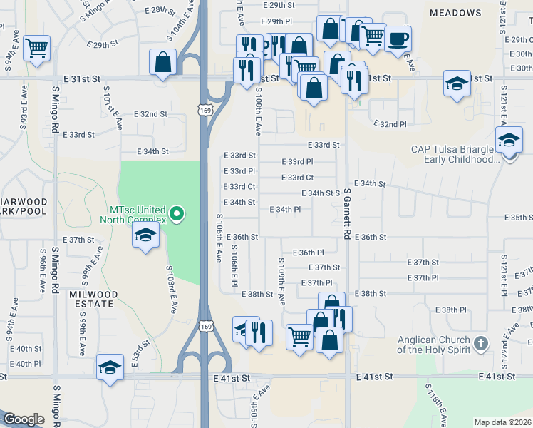 map of restaurants, bars, coffee shops, grocery stores, and more near 10808 East 34th Place in Tulsa