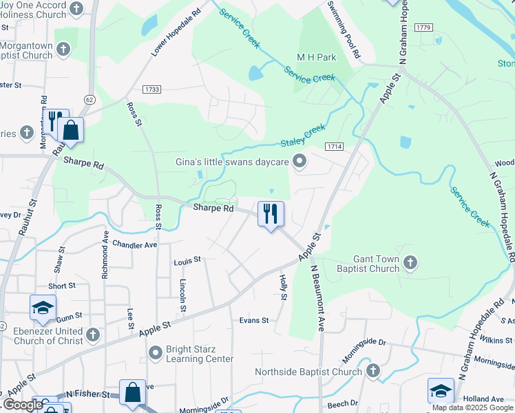 map of restaurants, bars, coffee shops, grocery stores, and more near 1305 Melrose Drive in Burlington