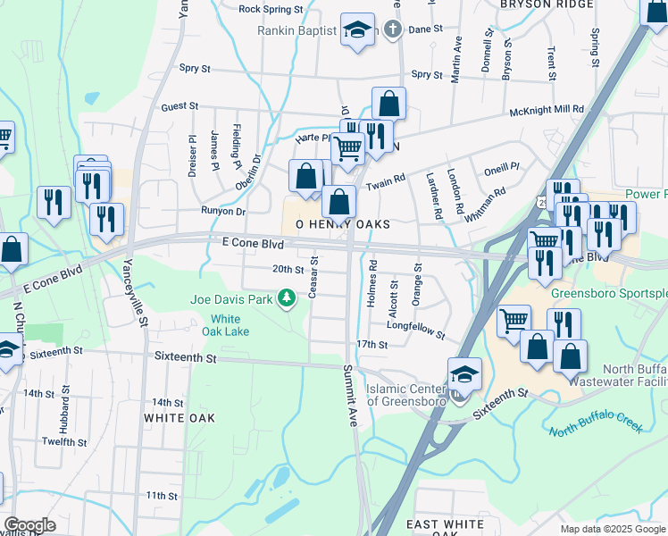 map of restaurants, bars, coffee shops, grocery stores, and more near 1507 20th Street in Greensboro