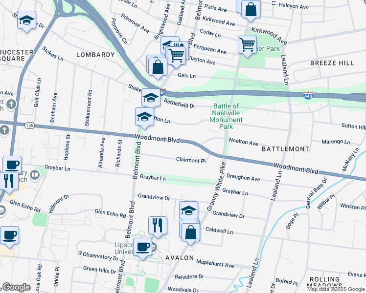 map of restaurants, bars, coffee shops, grocery stores, and more near 1491B Woodmont Boulevard in Nashville