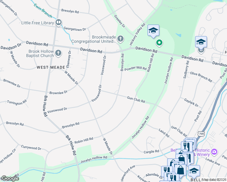 map of restaurants, bars, coffee shops, grocery stores, and more near 6052 Bresslyn Road in Nashville