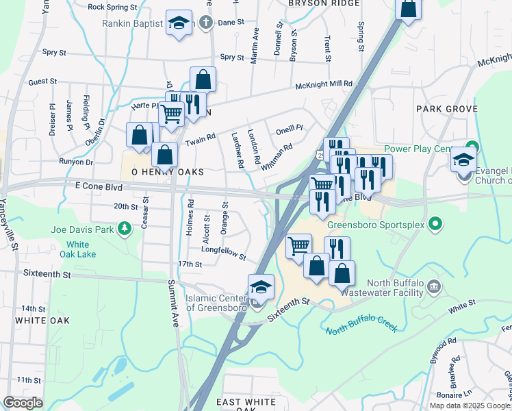 map of restaurants, bars, coffee shops, grocery stores, and more near 2833 North O.Henry Boulevard in Greensboro