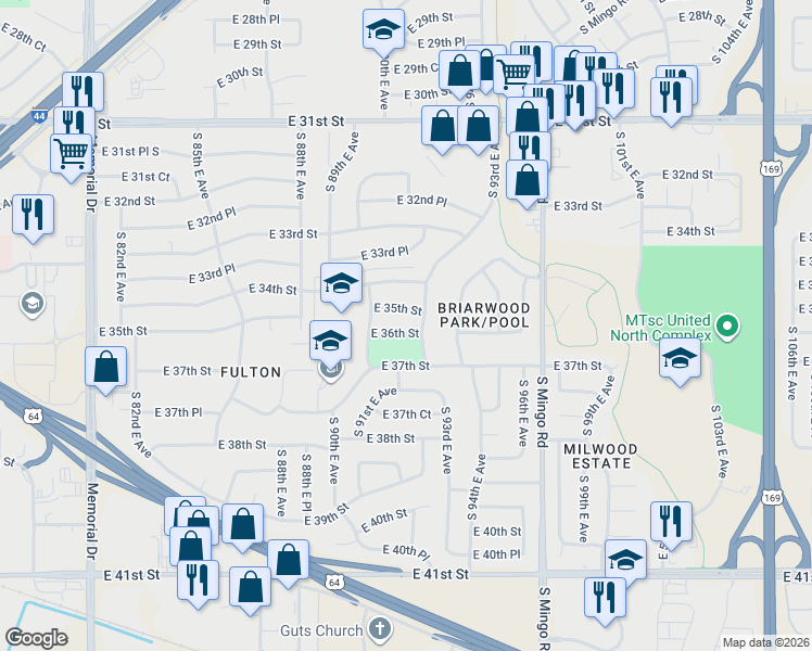 map of restaurants, bars, coffee shops, grocery stores, and more near 9033 East 36th Street in Tulsa