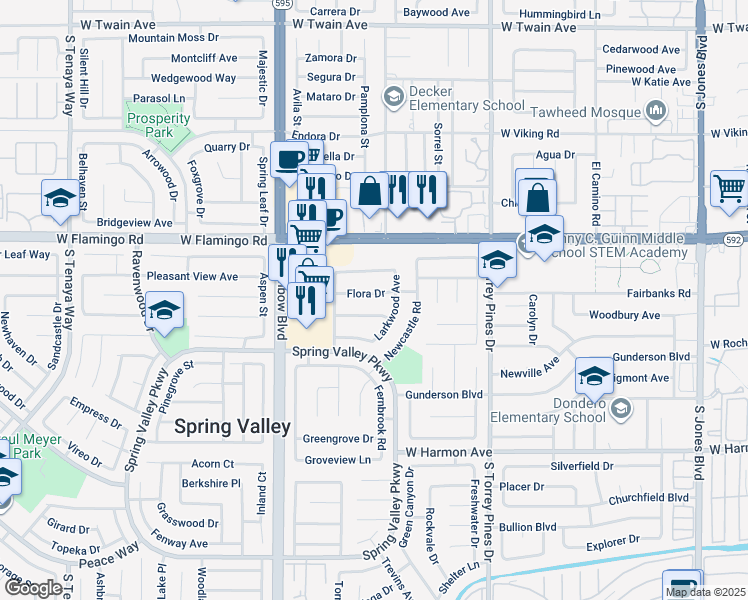 map of restaurants, bars, coffee shops, grocery stores, and more near 6721 Flora Drive in Las Vegas