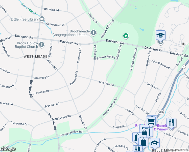 map of restaurants, bars, coffee shops, grocery stores, and more near 6052 Bresslyn Road in Nashville