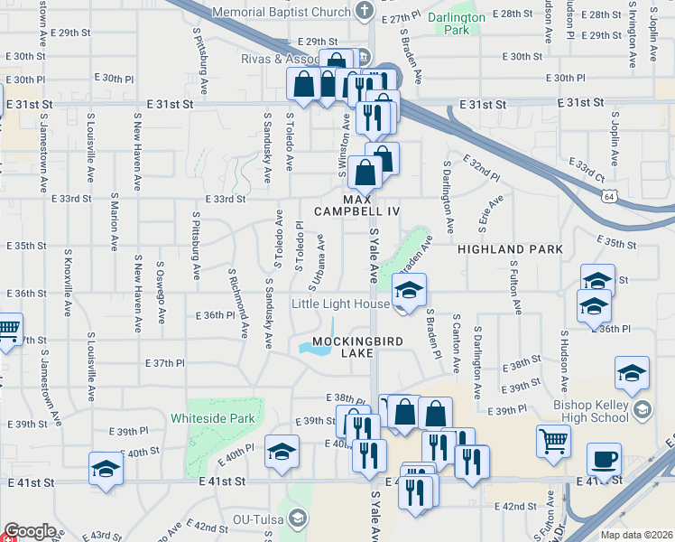 map of restaurants, bars, coffee shops, grocery stores, and more near 3555 South Winston Avenue in Tulsa
