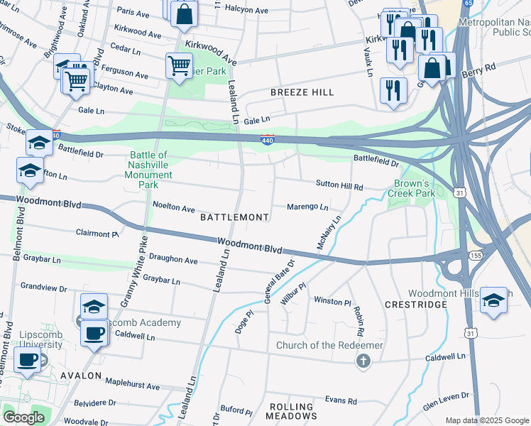 map of restaurants, bars, coffee shops, grocery stores, and more near 2917 Snowden Road in Nashville