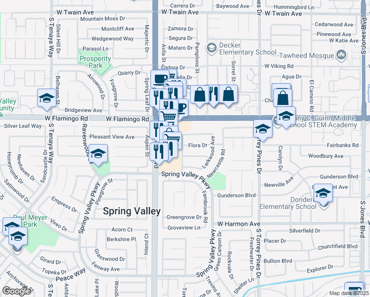 map of restaurants, bars, coffee shops, grocery stores, and more near 6785 Flora Drive in Las Vegas
