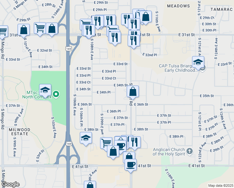map of restaurants, bars, coffee shops, grocery stores, and more near 3429 South 111th East Avenue in Tulsa