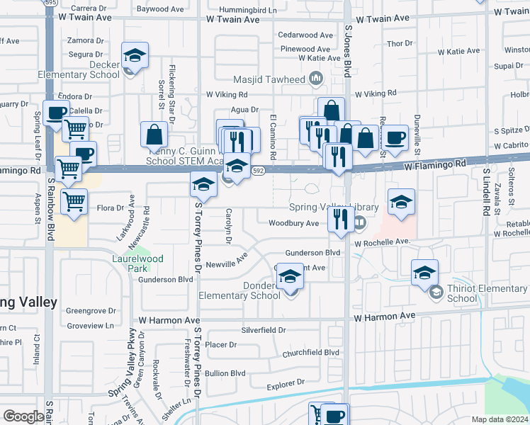 map of restaurants, bars, coffee shops, grocery stores, and more near 6343 Fairbanks Road in Las Vegas