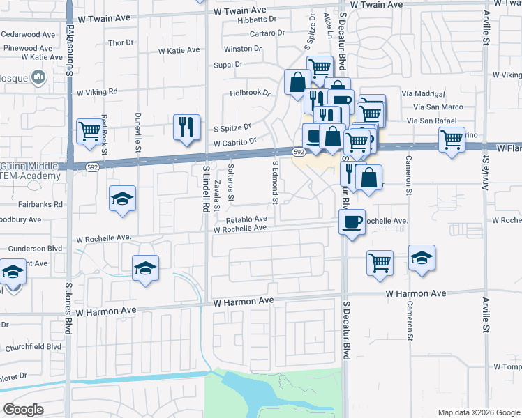 map of restaurants, bars, coffee shops, grocery stores, and more near 5285 Del Gado Drive in Las Vegas