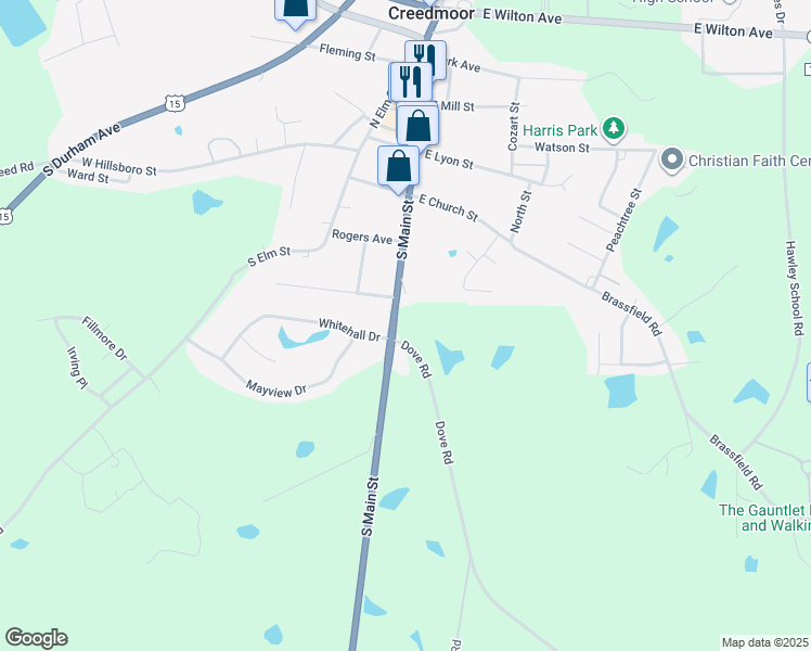 map of restaurants, bars, coffee shops, grocery stores, and more near 101 Dove Road in Creedmoor
